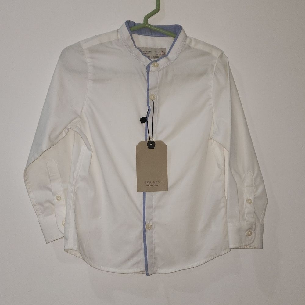 NWT Zara Boy Kids Size 4 White Blue neckline Long Sleeve Button-down shirt